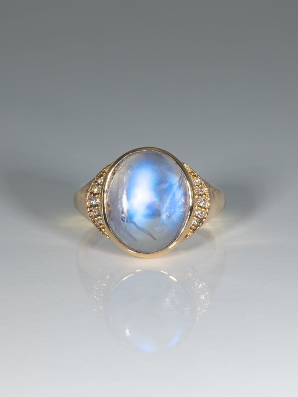 5.8Ct Rainbow Moonstone Cabochon Ring with Earth-Mined Diamonds: Solid 14K Gold